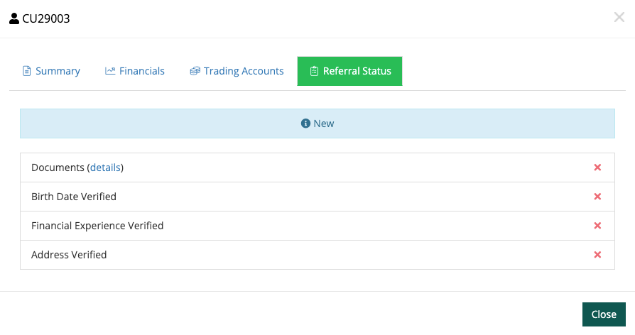 Client profile Referral Status tab showing Documents, Birth Date Verified, Financial Experience Verified, Address Verified all pending with red X marks and a New status indicator